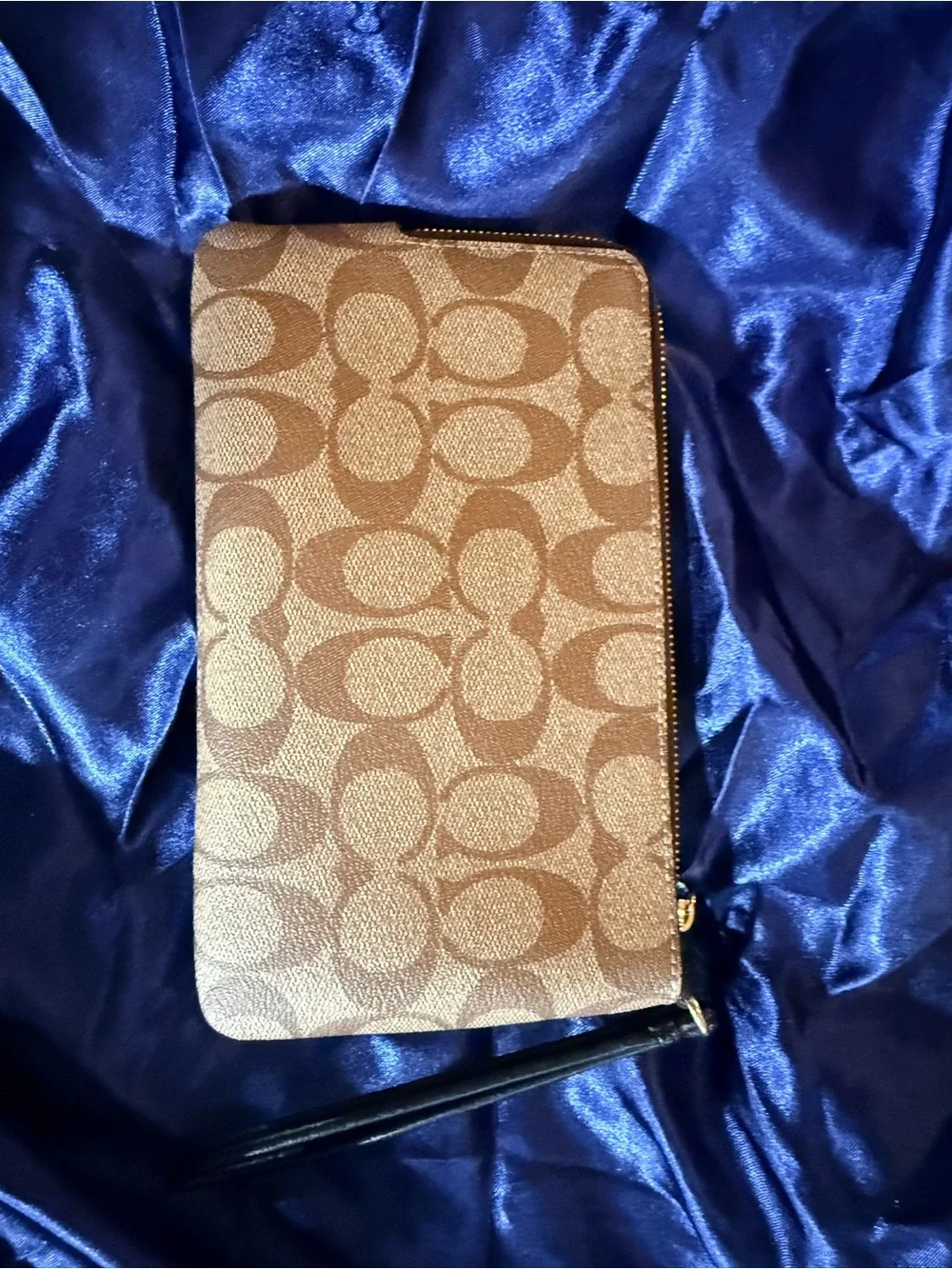 Coach Brown Signature Monogram Wristlet with Gold Logo